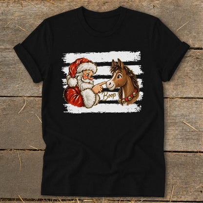 Santa boops a horse's nose on a black t-shirt with the word "Boop".