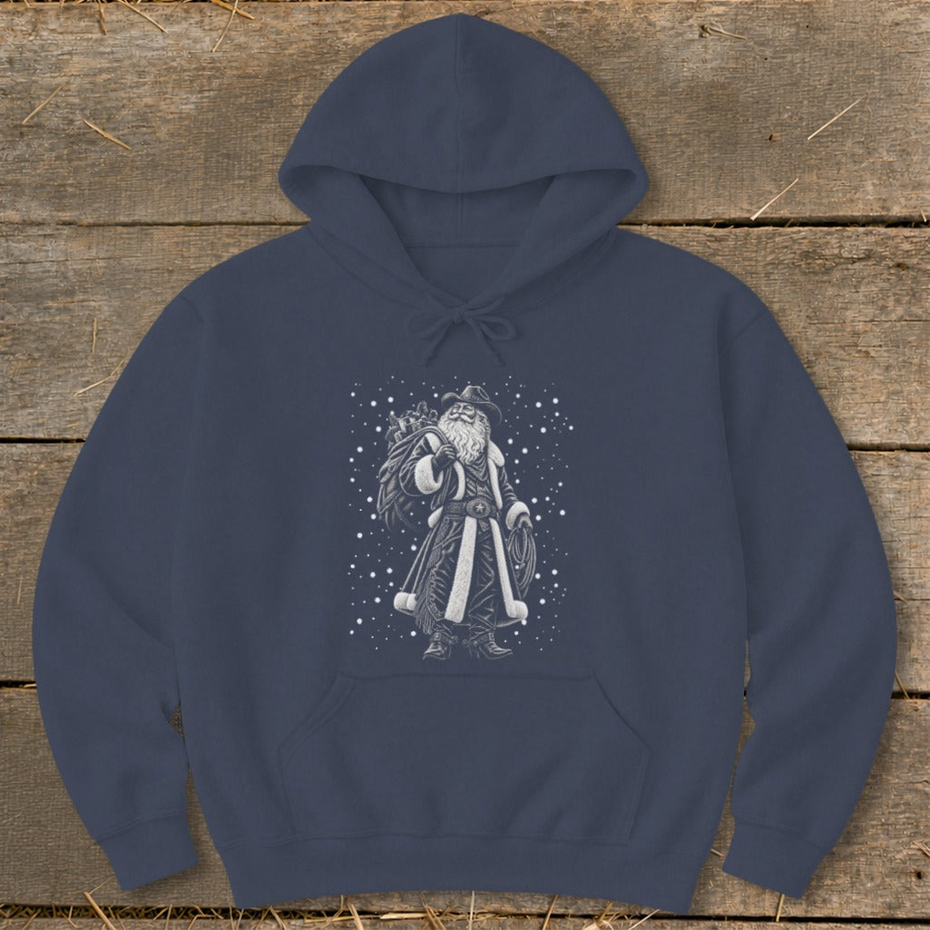 Dark blue hoodie with a graphic of a cowboy Santa Claus carrying a sack of gifts.