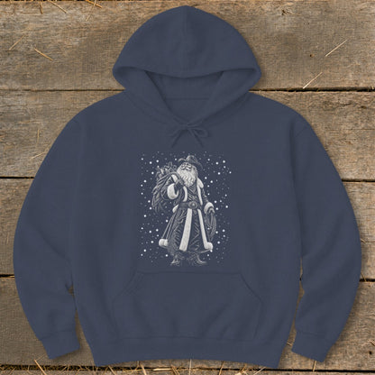Dark blue hoodie with a graphic of a cowboy Santa Claus carrying a sack of gifts.