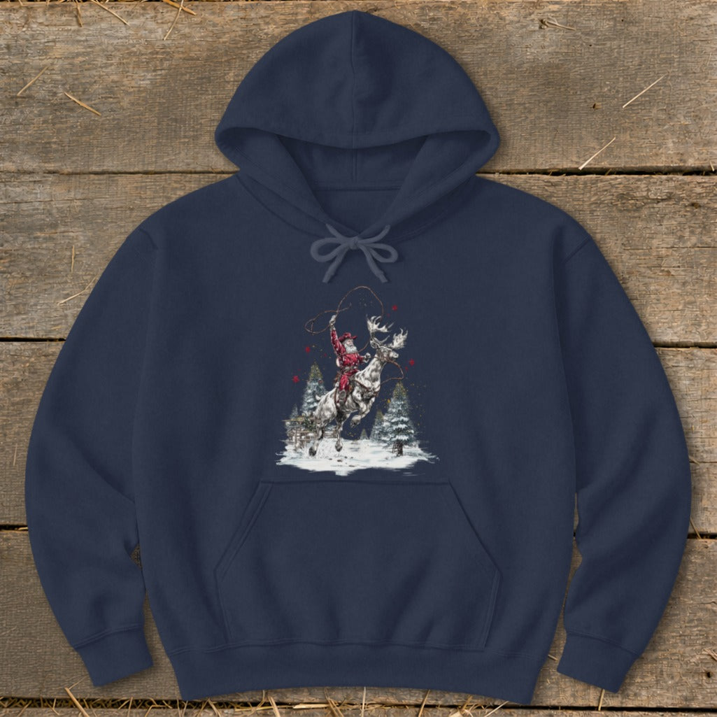 Navy hoodie with a Christmas graphic of Santa riding a moose through a snowy forest.