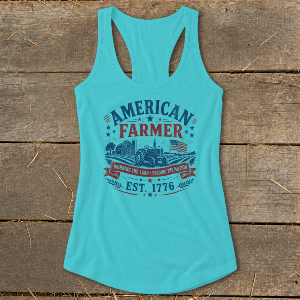 Turquoise tank top with "American Farmer" graphic featuring a tractor, barn, and flag.