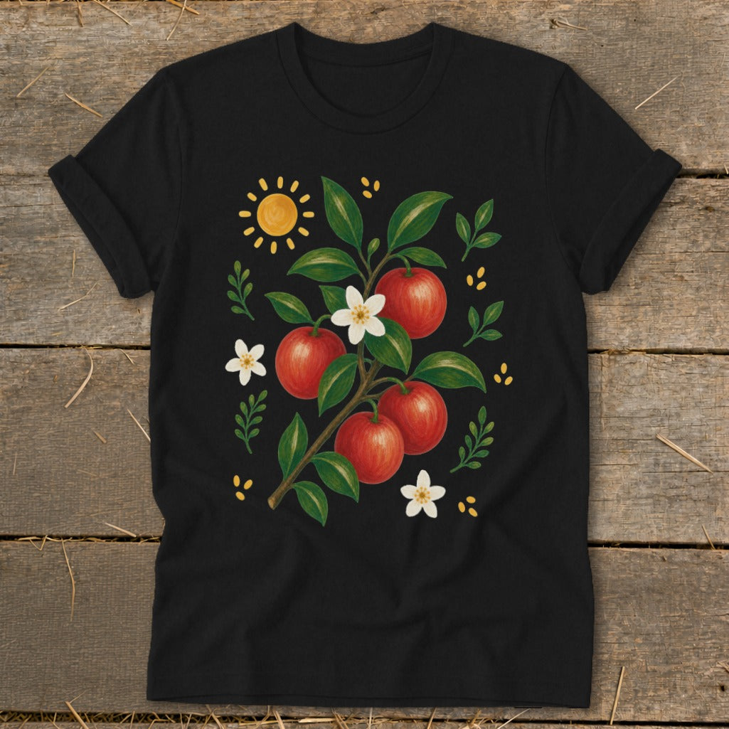 Black t-shirt with a watercolor-style print of red apples on a branch with white flowers and a sun.