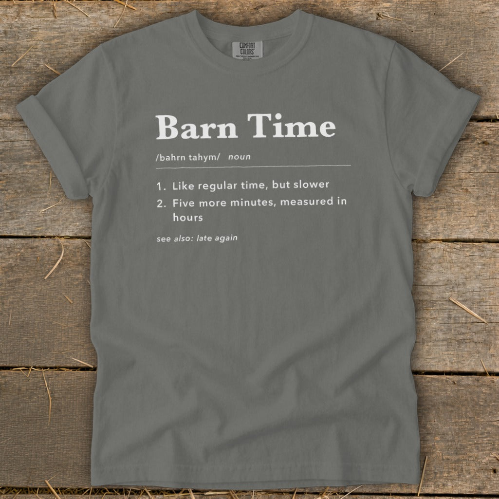 Comfort Colors gray t-shirt with "Barn Time" dictionary definition.