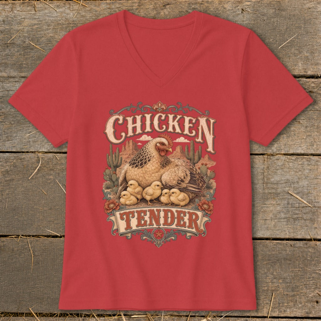 Red t-shirt with a "Chicken Tender" graphic featuring a hen and chicks.