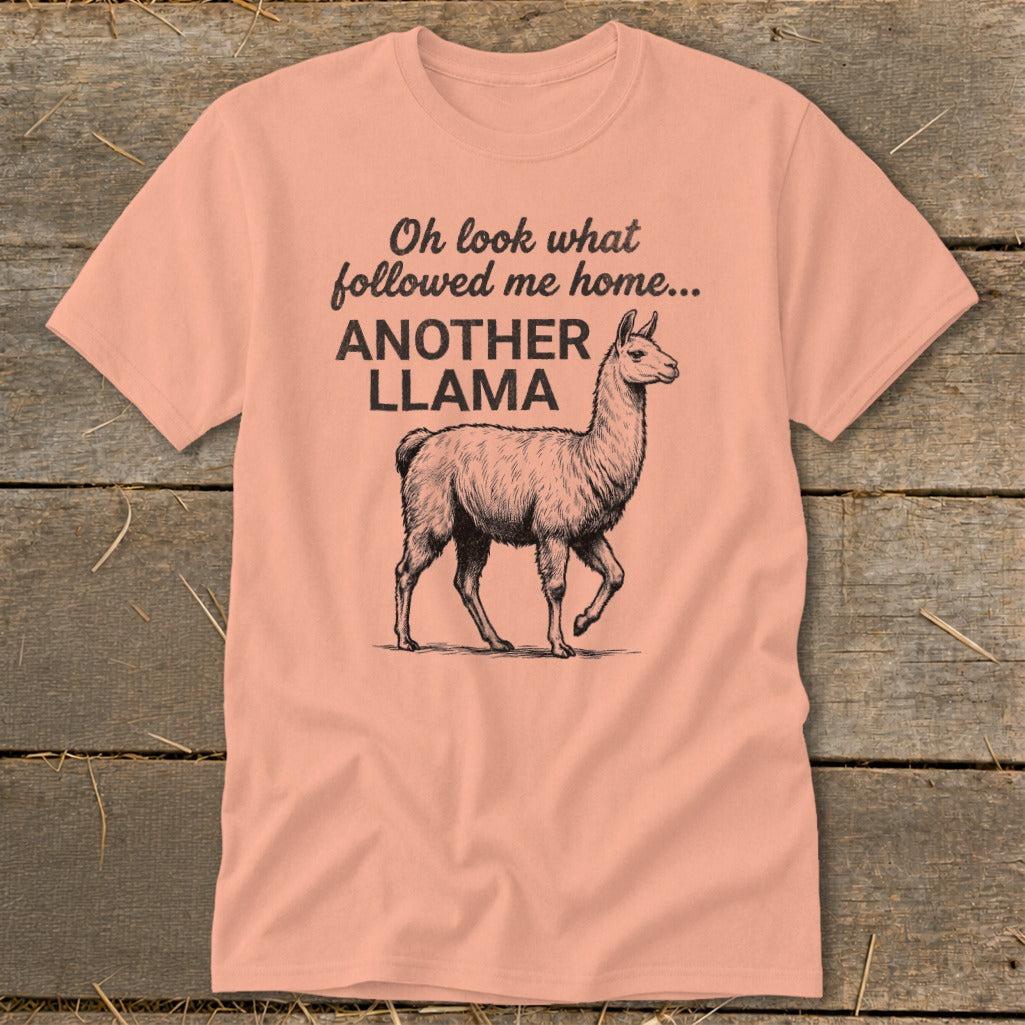 Peach t-shirt with sketch of llama and text "Oh look what followed me home... ANOTHER LLAMA".
