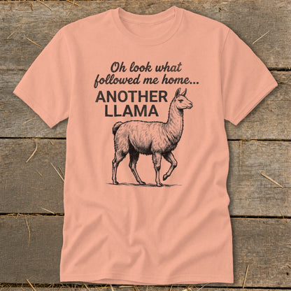 Peach t-shirt with sketch of llama and text "Oh look what followed me home... ANOTHER LLAMA".