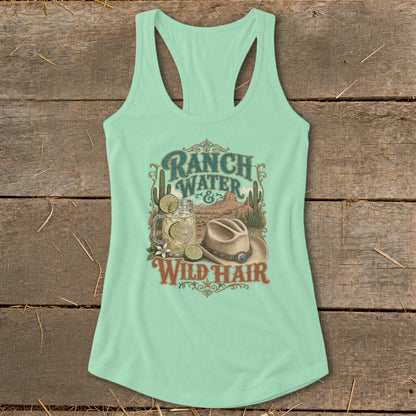 Light mint tank top with "Ranch Water & Wild Hair" graphic and desert scene.