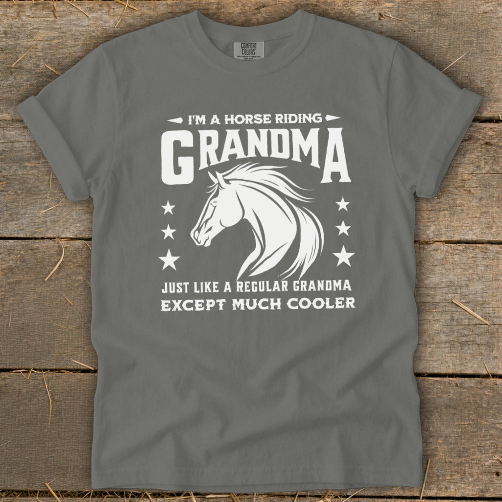 Grey t-shirt with "I'm a horse riding grandma" and a horse graphic.