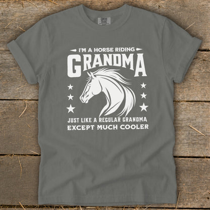 Grey t-shirt with "I'm a horse riding grandma" and a horse graphic.