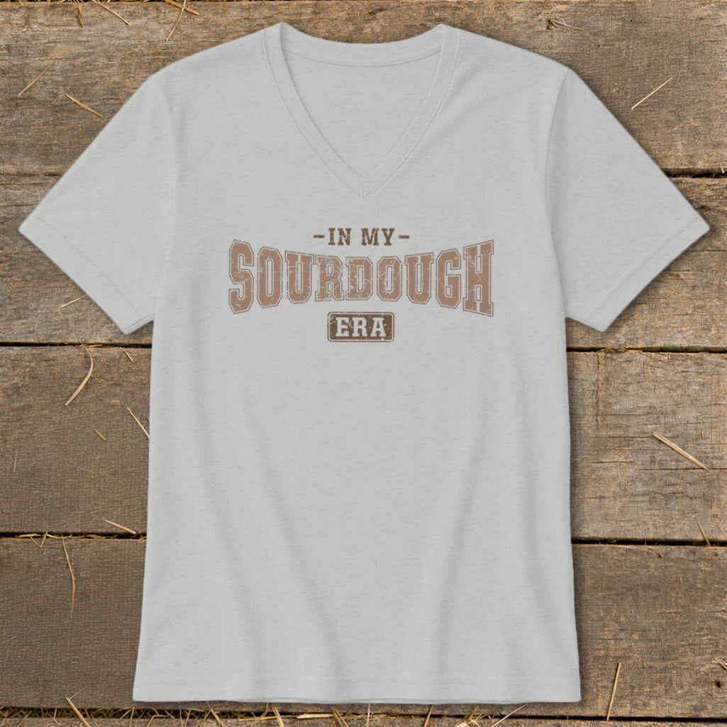 Light gray V-neck t-shirt with "In My Sourdough Era" text.