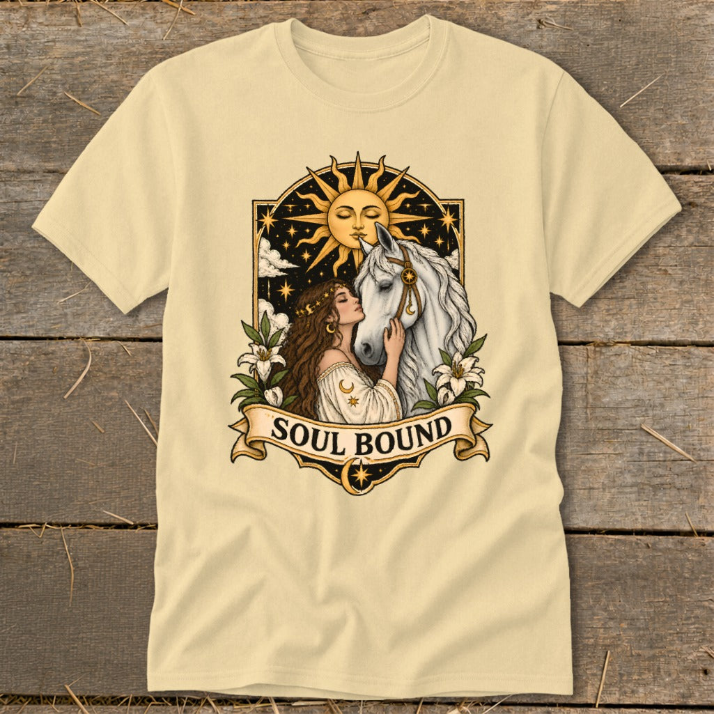 T-shirt with woman kissing white horse under sun, with "SOUL BOUND" text.