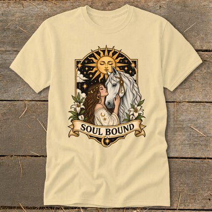 T-shirt with woman kissing white horse under sun, with "SOUL BOUND" text.
