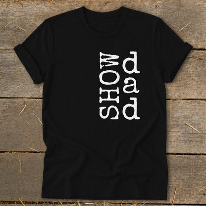 Black t-shirt with "dad" and "MOHS" printed vertically in white text.