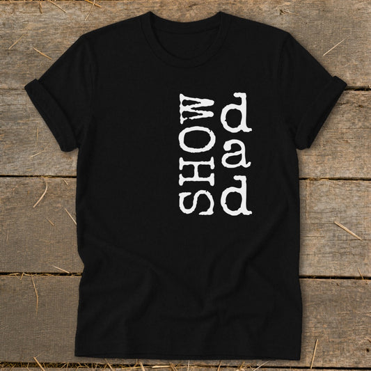 Black t-shirt with "dad" and "MOHS" printed vertically in white text.