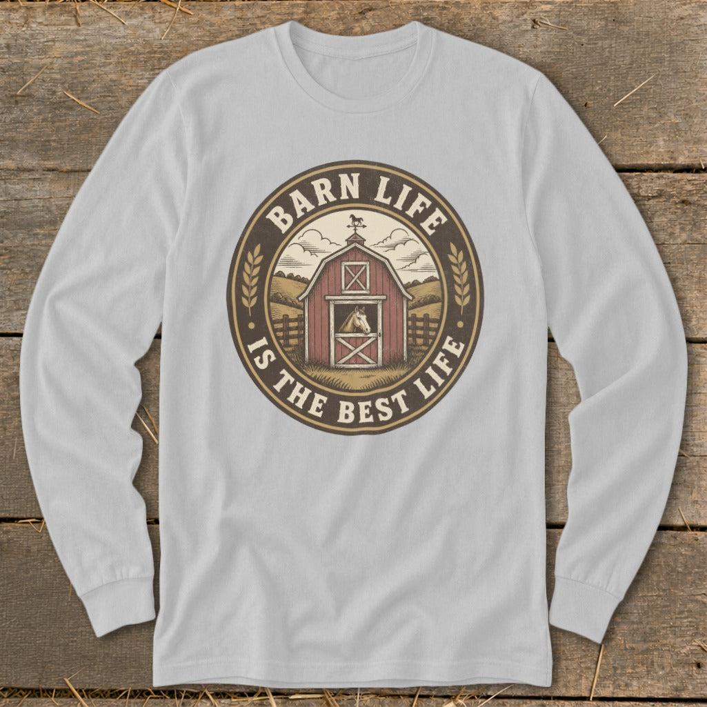 Light grey long sleeve shirt with a circular barn life graphic and text.