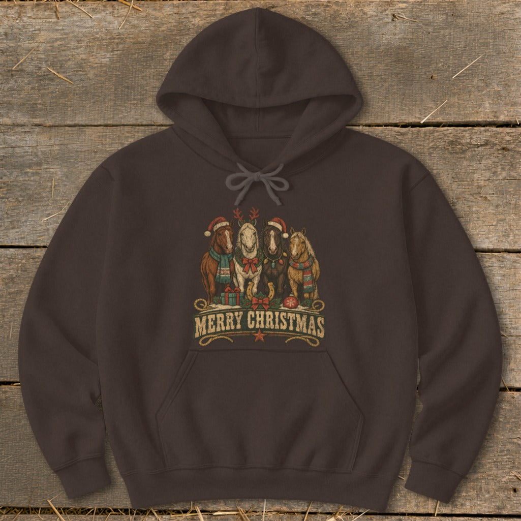 Brown hoodie with four festive horses wearing Santa hats and scarves with "Merry Christmas" text.
