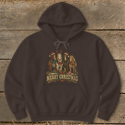 Brown hoodie with four festive horses wearing Santa hats and scarves with "Merry Christmas" text.