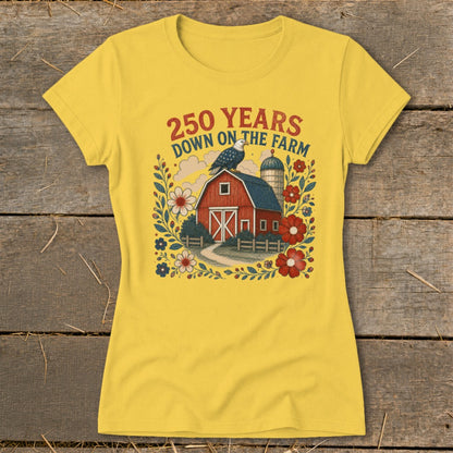 Yellow t-shirt with "250 Years Down on the Farm" text and barn graphic.