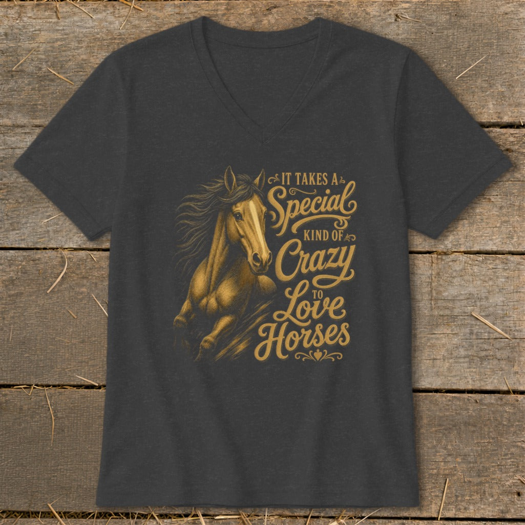 Dark grey t-shirt with a golden horse and text: "It takes a special kind of crazy to love horses."