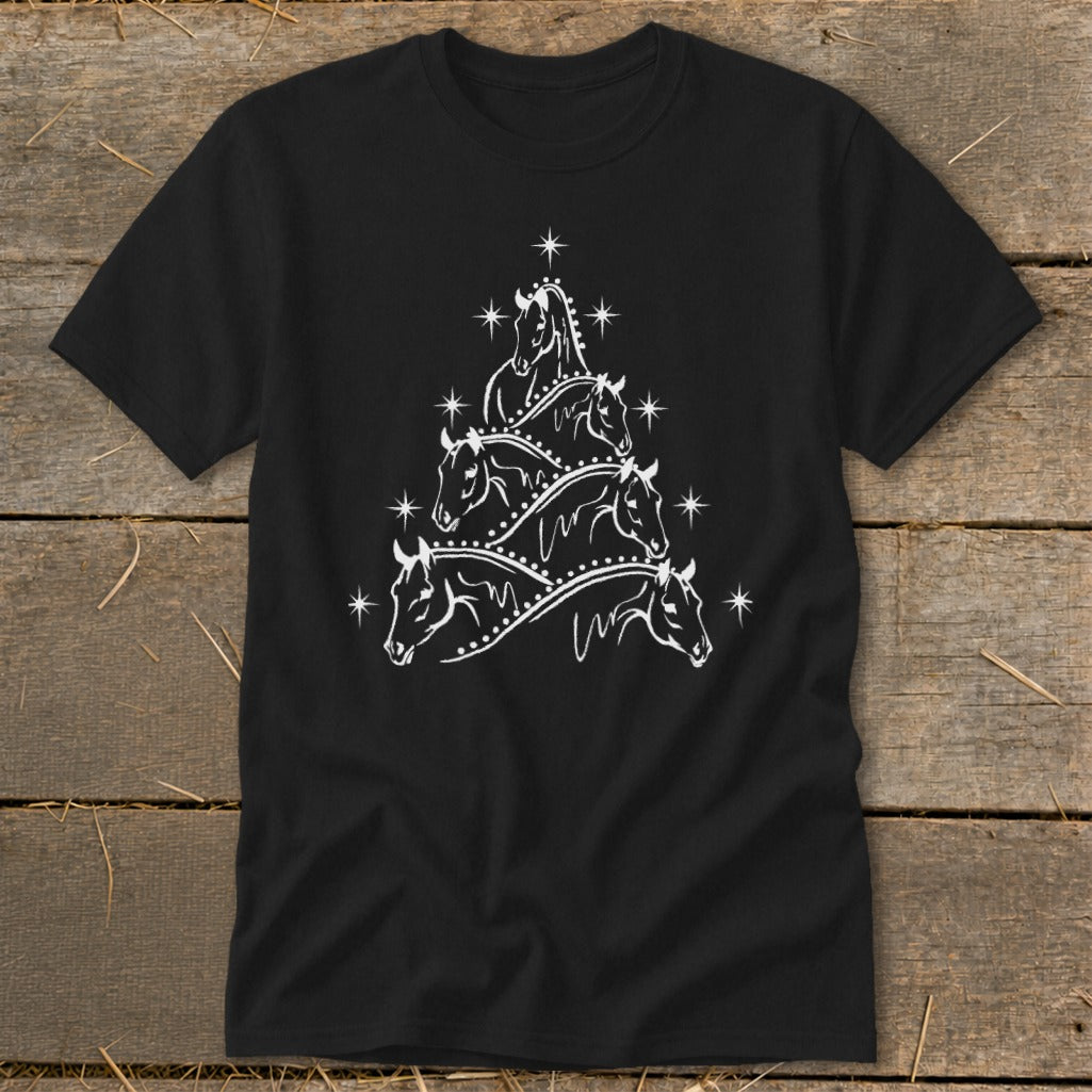 Black t-shirt with white horse heads forming a Christmas tree design.