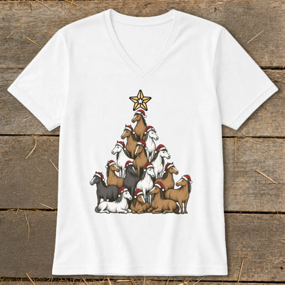 White t-shirt with a Christmas tree made of horses wearing Santa hats.