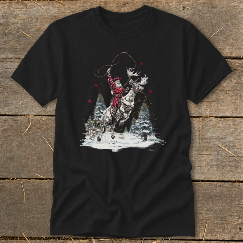 Santa Claus riding a reindeer with a lasso, snow, and pine trees.