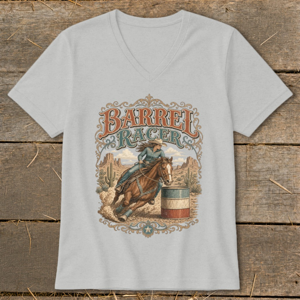 Barrel racer on horse in desert scene with text "Barrel Racer" and patriotic barrel.