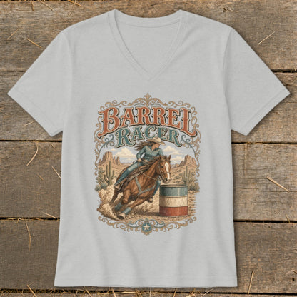Barrel racer on horse in desert scene with text "Barrel Racer" and patriotic barrel.
