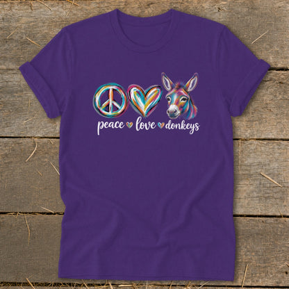 Purple t-shirt with peace, love, and donkey graphic and text.