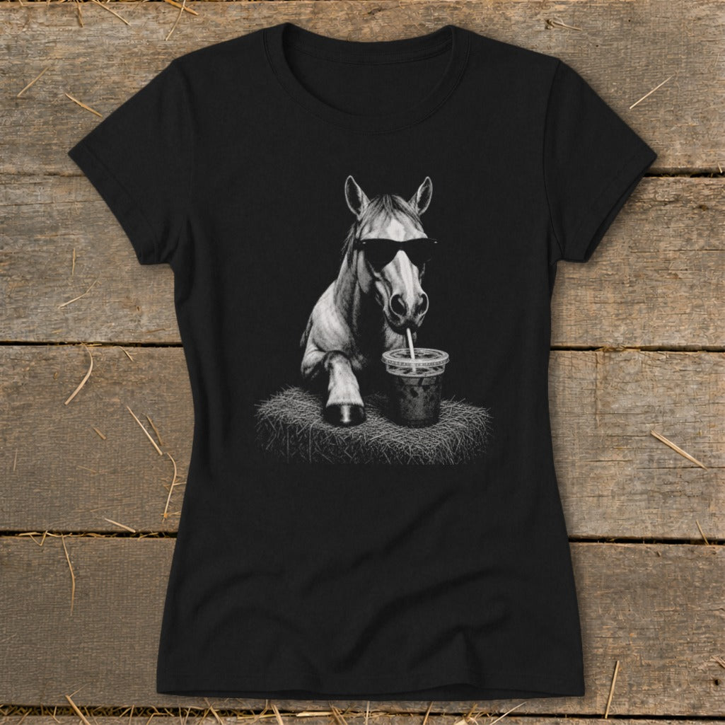 Black t-shirt with a sketched horse wearing sunglasses and drinking from a cup.