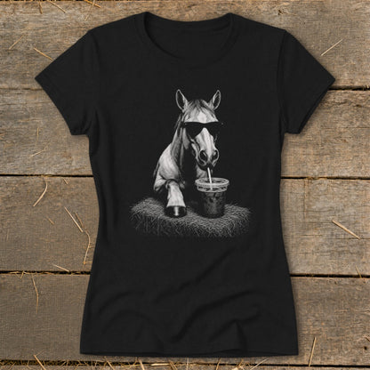 Black t-shirt with a sketched horse wearing sunglasses and drinking from a cup.