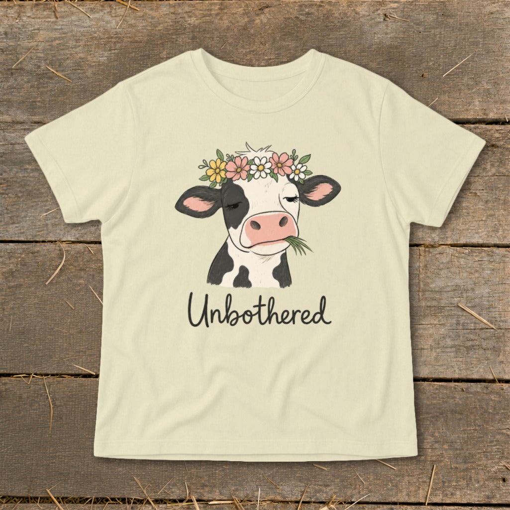 Cream t-shirt with a cartoon cow wearing a flower crown and the word "Unbothered".