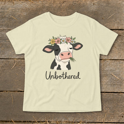 Cream t-shirt with a cartoon cow wearing a flower crown and the word "Unbothered".