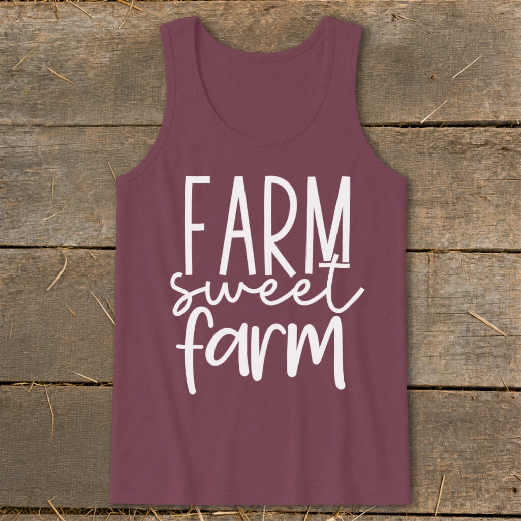 Maroon tank top with white text "FARM sweet farm".