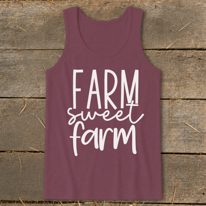 Maroon tank top with white text "FARM sweet farm".