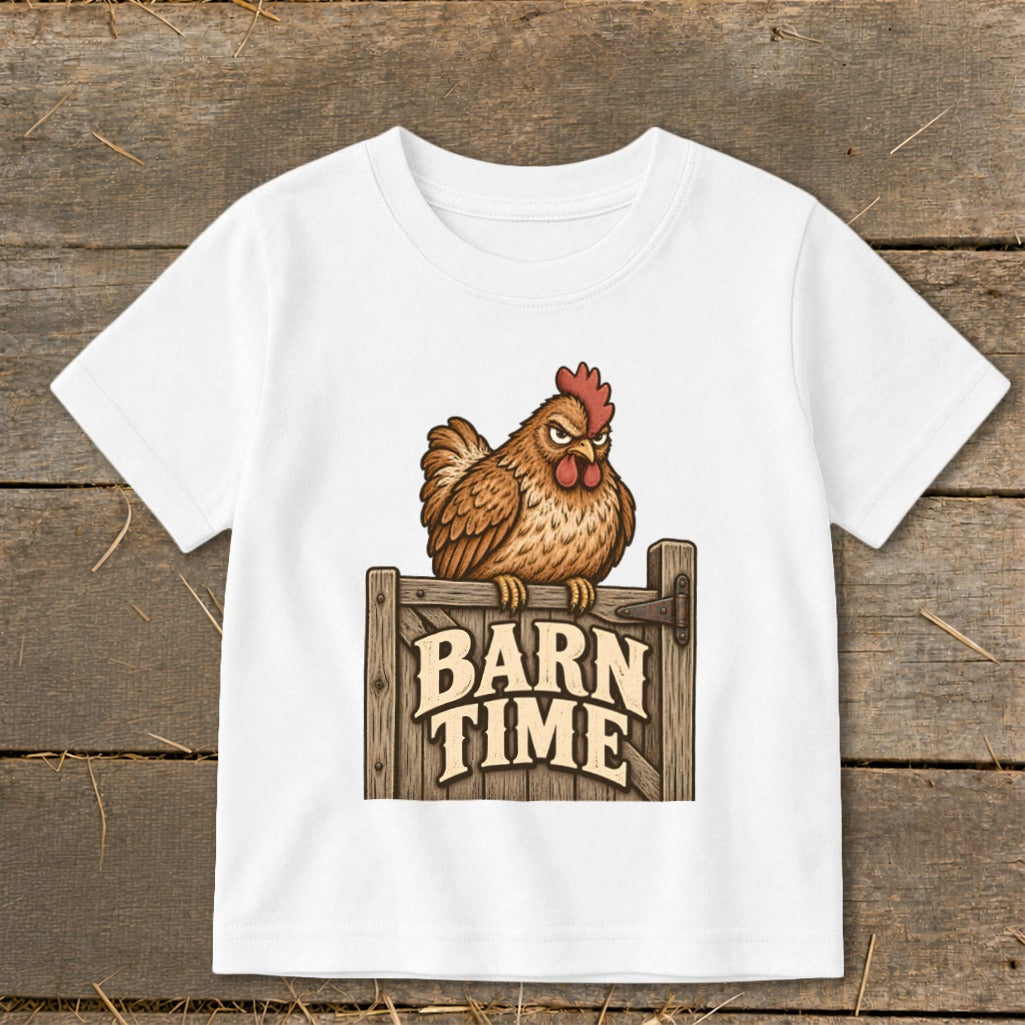 White t-shirt with angry cartoon chicken on a "BARN TIME" sign.