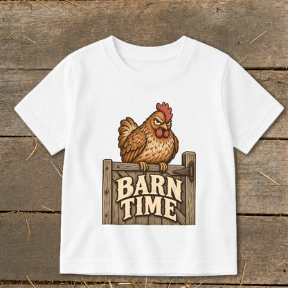 White t-shirt with angry cartoon chicken on a "BARN TIME" sign.