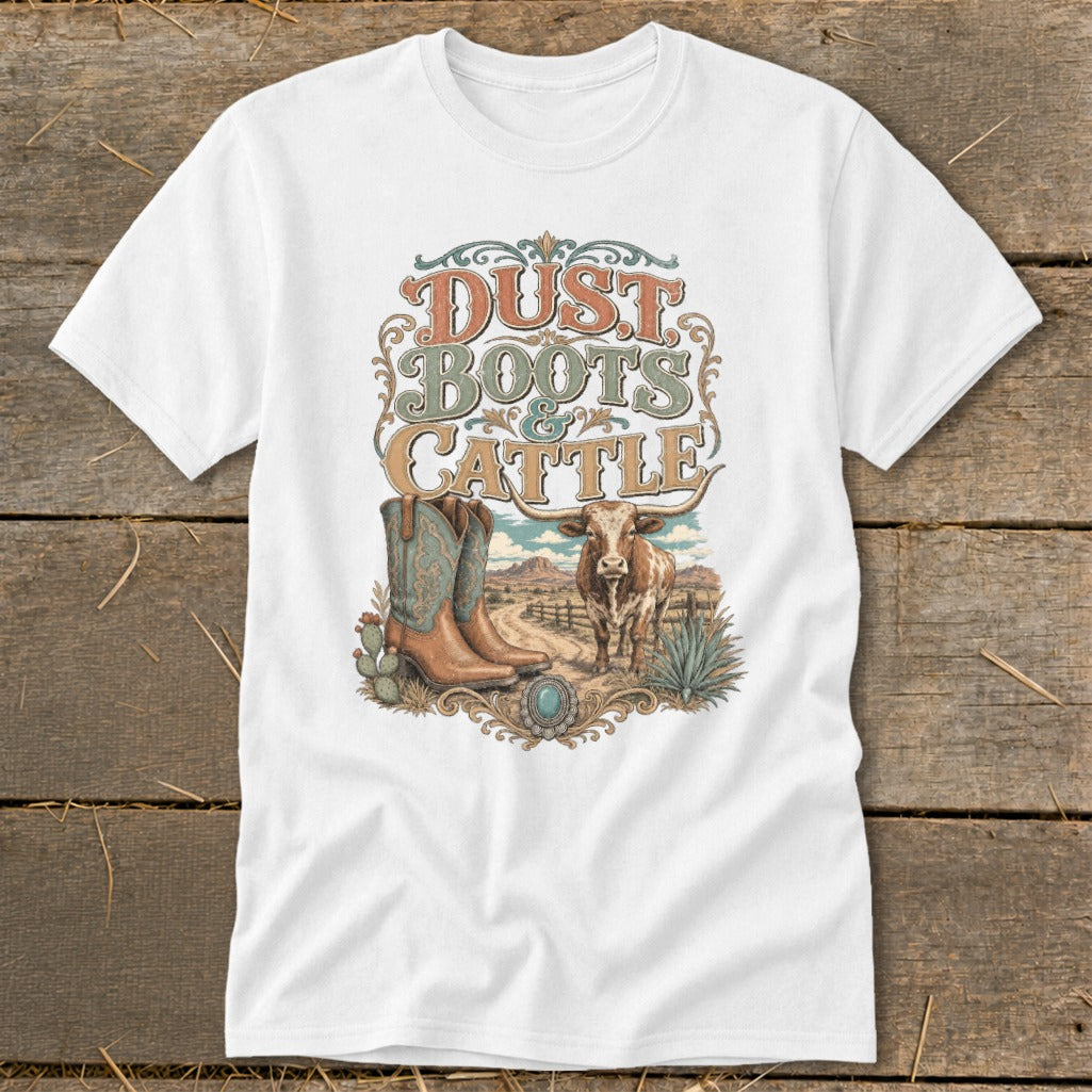 White t-shirt with "Dust Boots & Cattle" text, boots, and longhorn steer graphic.