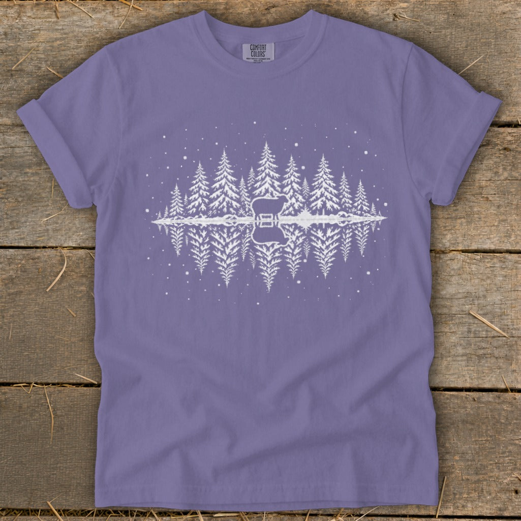Purple t-shirt with white forest, guitar silhouette, and snow graphic.