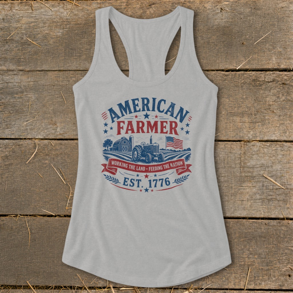 Tank top with "American Farmer" graphic featuring tractor, barn, and flag.