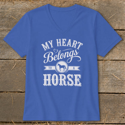 Blue v-neck t-shirt with white text "My heart belongs to a horse" and horse graphic.
