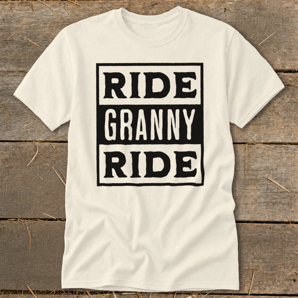 Cream t-shirt with black text "RIDE GRANNY RIDE" in three stacked boxes.