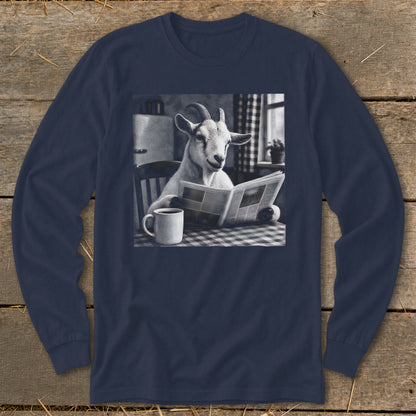 A dark blue long-sleeve t-shirt featuring a black and white graphic of a goat reading a newspaper.