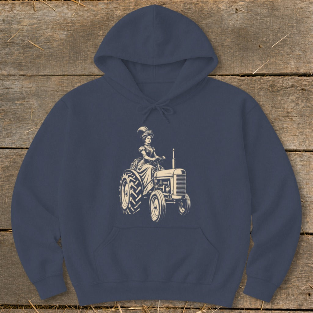 Line art of a woman in historical dress driving a vintage tractor.