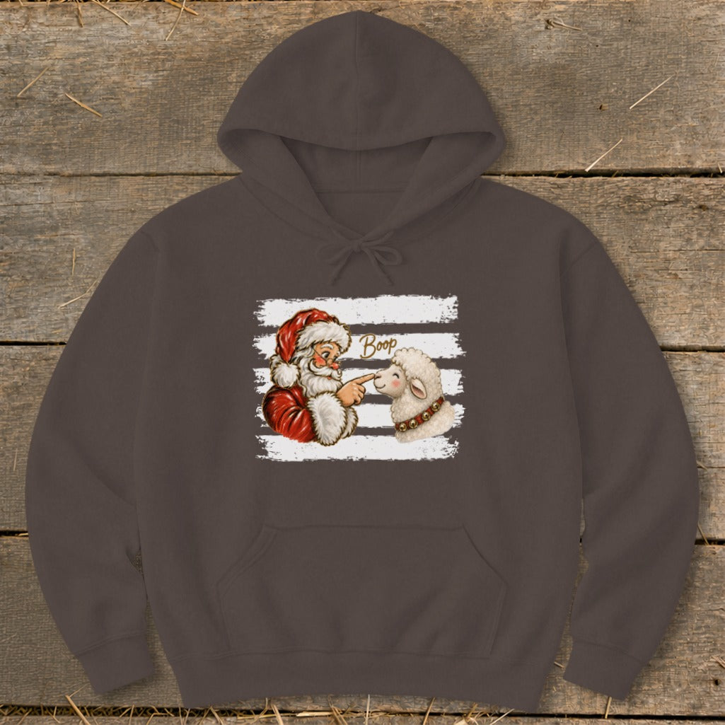 Santa booping a sheep with "Boop" text on a white striped background.
