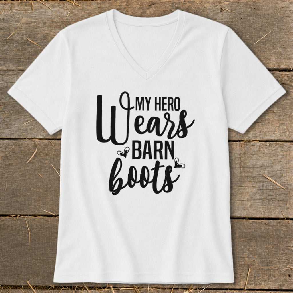 White t-shirt with black text "My Hero Wears Barn Boots"