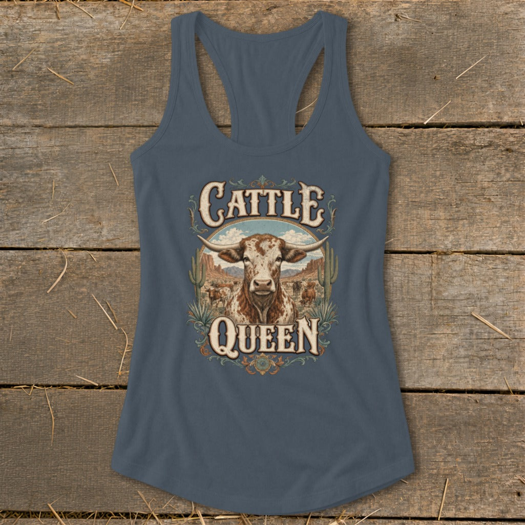 Blue tank top with "Cattle Queen" text and Texas Longhorn cattle illustration.