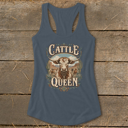 Blue tank top with "Cattle Queen" text and Texas Longhorn cattle illustration.
