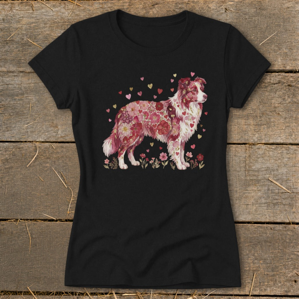 Black t-shirt with a Border Collie design composed of flowers and hearts.