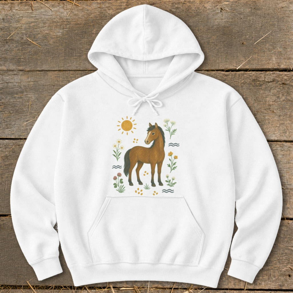 White hoodie with a brown horse illustration surrounded by flowers and a sun.